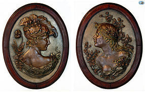 Pair of Large Antique Art Nouveau Women Bronzed Metal Repoussé Plaques