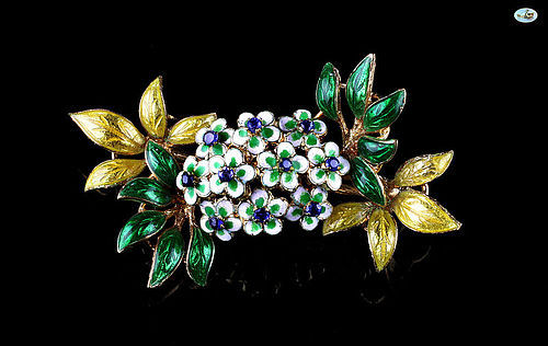 Vintage 18K Gold Flower Bouquet Brooch with Sapphire and Enamel