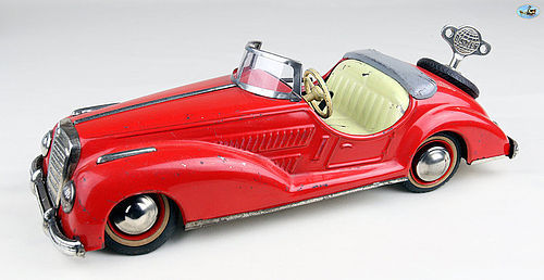 1950s German Distler Wind-up Toy Red Mercedes Benz Convertible w/ Key