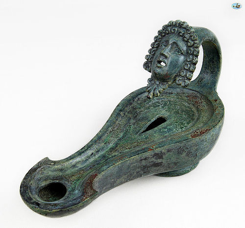 Ancient 1st Cent. AD Roman Bronze Oil Lamp with Goddess Head