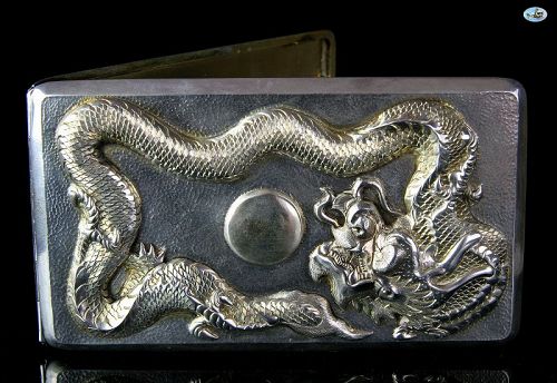 1900 Chinese/Japanese Solid Silver Raised Dragon Cigarette Case