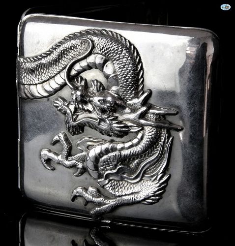 Antique Chinese Export Sterling Silver Double Dragon Cigarette Case