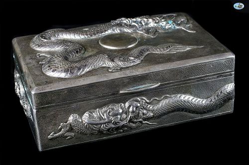 Antique 1900 Asian Chinese Silver Stamped 85 Dragon & Sun Box