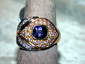 Blue Sapphire & Diamond 2-Tone Solid 18K. Gold Ring