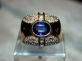 Genuine Blue Sapphire & Diamond Ring Solid 18K. Gold