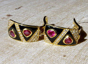 Striking  Burma Ruby-Diamond-Onyx 18K. Gold Earrings