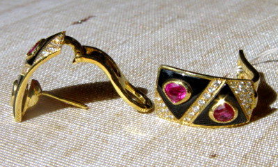 Striking  Burma Ruby-Diamond-Onyx 18K. Gold Earrings