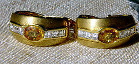 Genuine Golden Yellow Sapphires-Diamond Earrings 18K.