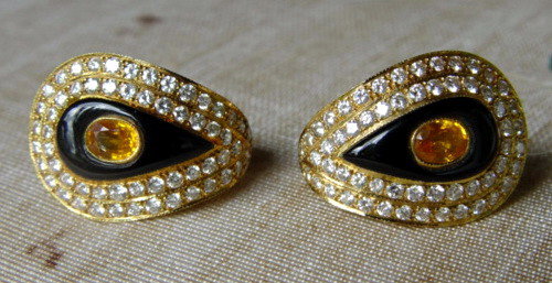 Genuine Yellow Sapphire-Onyx-Diamond Earrings 18K.