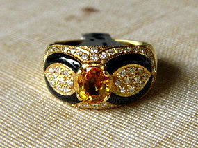 Genuine Yellow Sapphire-Diamond-Onyx18K Solid Gold Ring