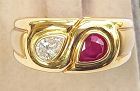 Solid 18K. Gold Ring set with Genuine Diamond and Ruby