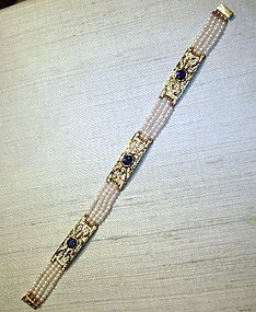 Finest Cultured Pearl-Blue Sapphire-Diamond Bracelet