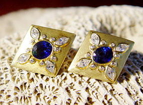 18K. Gold Earrings with Genuine Sapphires and Diamonds