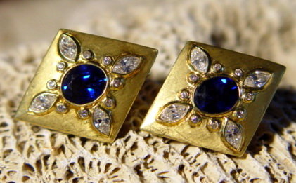 18K. Gold Earrings with Genuine Sapphires and Diamonds