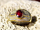 18K. Solid Gold Ring with Genuine Ruby & Diamonds