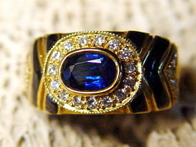 Genuine Blue Sapphire, Diamond, Onyx Ring 18K. Gold