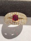 Solid 18K. Gold Ring with Genuine Ruby & Pave Diamonds