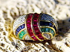 18K. Ring Pave set with Diamonds, Emerald-Sapphire-Ruby
