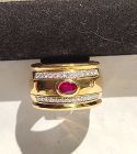 18K. Solid Gold Wide Band Ring with Ruby-Diamonds