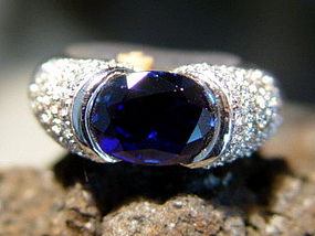 Large Blue Sapphire-Diamond Ring Solid 18K. White Gold
