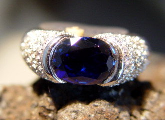 Large Blue Sapphire-Diamond Ring Solid 18K. White Gold