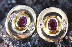 18K. Gold Earrings with Rubies & Marquise Diamonds