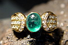 Solid 18K. Gold Ring with Cabochon Emerald & Diamonds