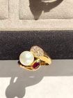 Solid 18K. Gold Ring with Cultured Pearl-Ruby-Diamonds