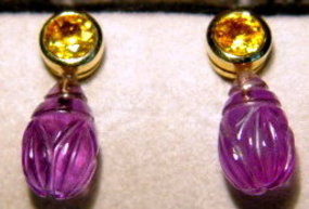 Finely Carved Amethyst & Yellow Sapphire Earrings 18K.