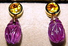 Finely Carved Amethyst & Yellow Sapphire Earrings 18K.