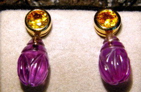 Finely Carved Amethyst &amp; Yellow Sapphire Earrings 18K.