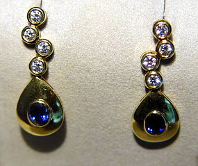 18K. Solid Gold Earrings with Blue Sapphires-Diamonds
