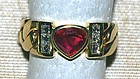 18K. Gold Link Ring with Heart shaped Ruby and Diamonds