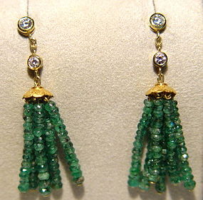 18K. Gold Tassel Earrings w. Emeralds & Diamonds
