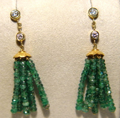 18K. Gold Tassel Earrings w. Emeralds &amp; Diamonds