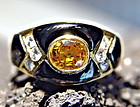 Solid 18K. Gold Ring with Yellow Sapphire-Diamonds-Onyx