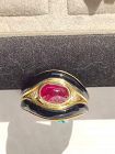 Solid 18K. Gold Ring with Cabochon Ruby-Onyx-Diamonds