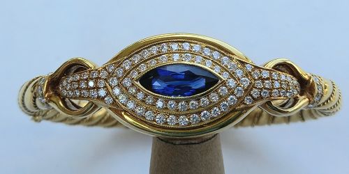 Important 18K Gold Bangle w. Marquise Sapphire-Diamonds