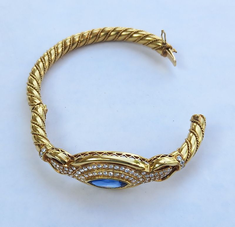 Important 18K Gold Bangle w. Marquise Sapphire-Diamonds