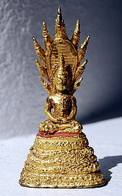 Small Gilt Thai Bronze Rattanakosin Buddha with Naga