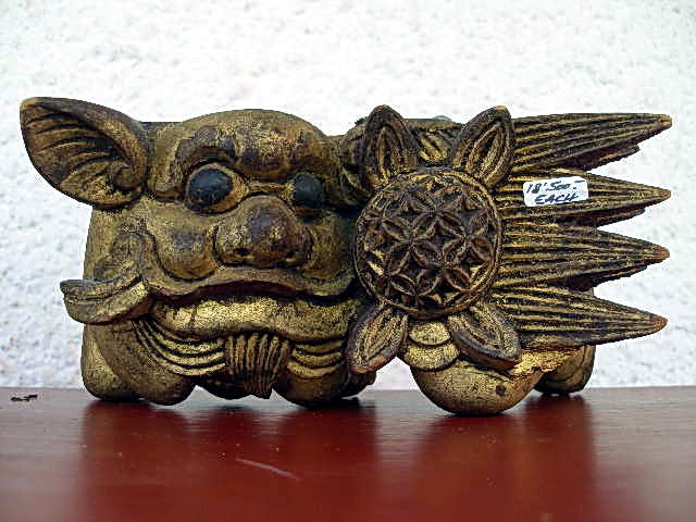 Pair of Gilt Wooden Hand Carved Foo Lions, 19th Century