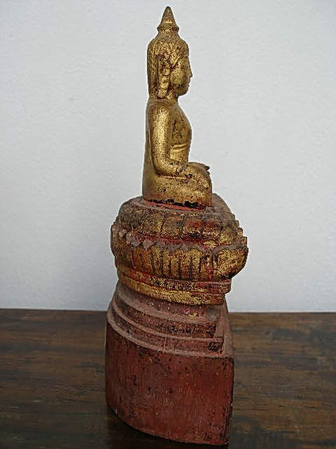 Antique Gilt Wooden Buddha on high stepped Throne