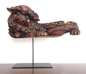 QING Hand Carved Polychrome Wooden Foo Dog-Lion