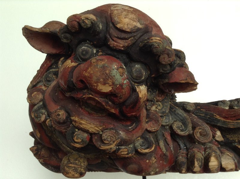 QING Hand Carved Polychrome Wooden Foo Dog-Lion