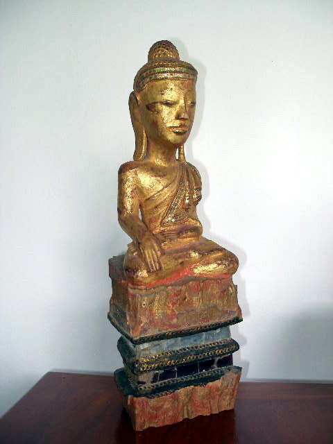 Burmese Wooden Buddha with inlaid Mirror Pieces, 19th C