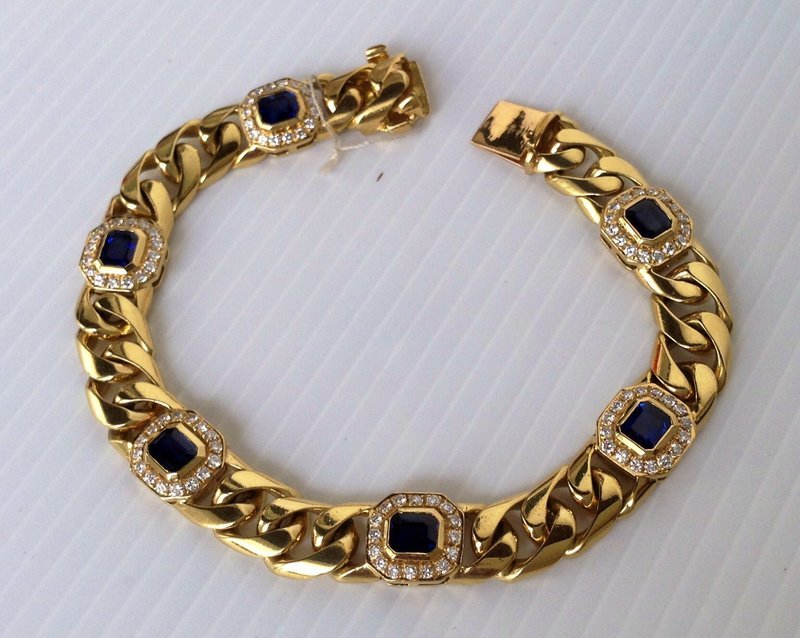 Solid 18K. GOLD Link-Chain Bracelet with Sapphires/Dia.