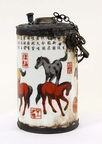 CHINESE PORCELAIN OPIUM WATER PIPE WITH COLORFUL HORSES