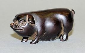 FINE WOODEN OKINOMO POT-BELLY PIG, MEIJI PERIOD