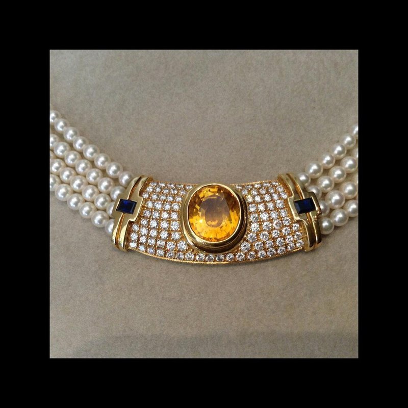 Elegant Pearl Necklace with Diamonds &amp; Yellow and Blue Sapphires