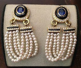 Sophisticated Baby Dangling Pearl Earrings with Sapphires & Diamonds